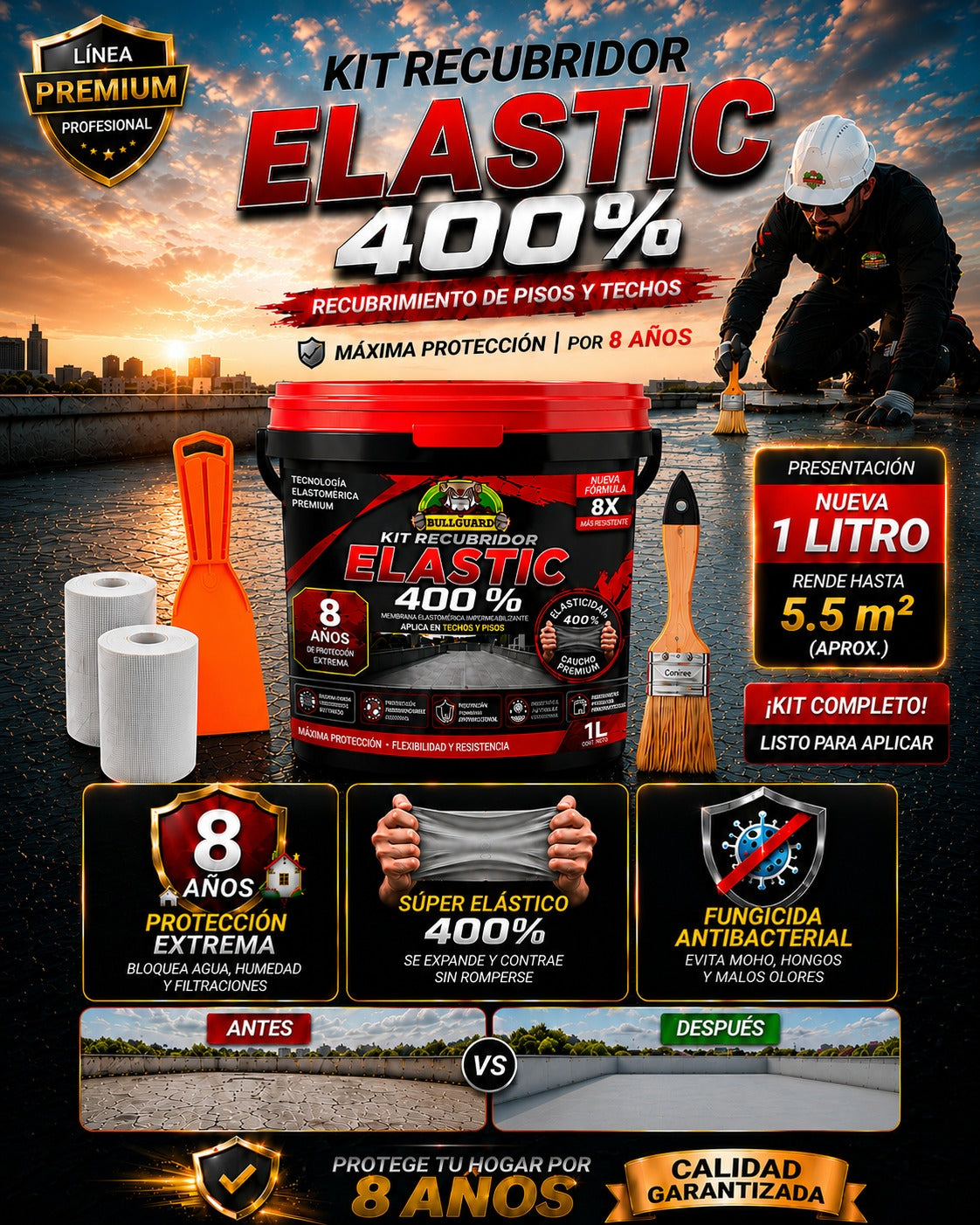 KIT LITRO RECUBRIDOR ELASTIC 400 + BROCHA + 2 MALLAS + ESPATULA + GUANTES F2