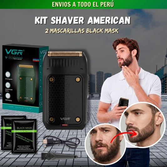 KIT SHAVER AMERICAN + CARGADOR + CEPILLO + 2 MASCARILLA BLACK MASK F1